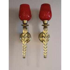 Bombay & Co Gold Leaf Wall Sconces Pair Red Glass Shades Interchangeable